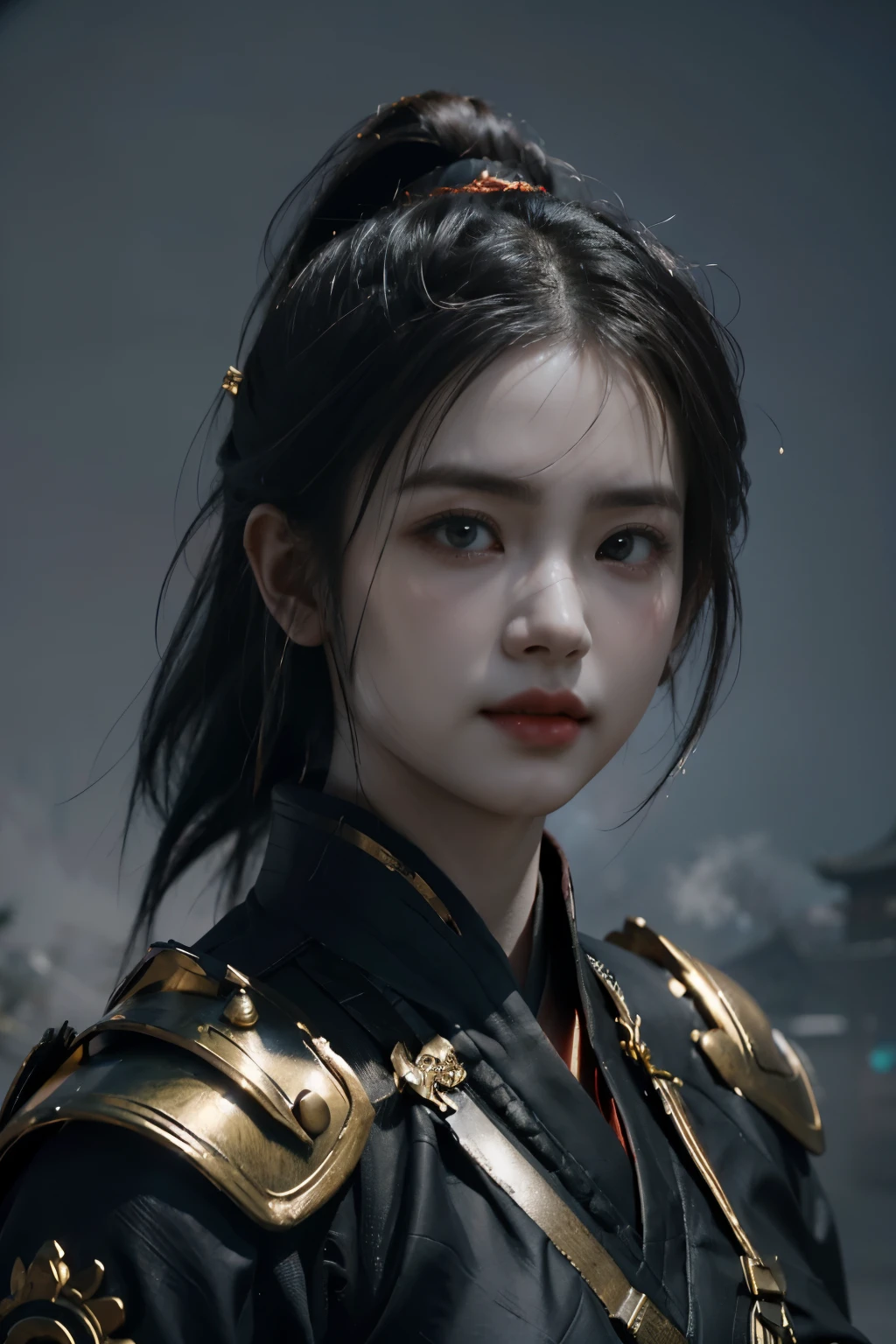 Game art，The best picture quality，Highest resolution，8K，(A bust photograph)，(Portrait from bust:1.5)，(Head close-up)，(Rule of thirds)，Unreal Engine 5 rendering works， (The Girl of the Future)，(Female Warrior)， 
20岁少女，(The warrior in ancient China)，(Short ponytail hairstyle)，An eye rich in detail，(Big breasts)，优雅高贵，冷漠，(Smile)，
(The costume of Chinese swordsman elements，Costumes of ancient Chinese characters，Armor，The costume is red and gold，Heavy armour，Joint Armor)，(Chinese Hanfu:1.3)，人物，奇幻风格，
拍照姿势，野外背景，Movie lights，Ray tracing，Game CG，((3D Unreal Engine))，oc渲染反射纹