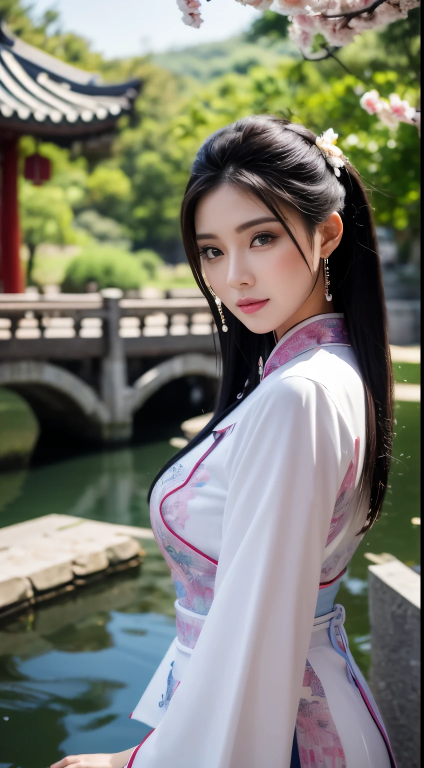 25 year old fashion model [[[[close cleavage]]]], [[[[Big breasts]]]], [[[[Call]]]], [[[[shoulder]]]], perfect eyes, perfect iris，perfect lips，perfect teeth，Perfect beautiful skin，Have fair skin.，Weak headlights，do not have，leather girl，Flawless traditional Chinese dress，ancient chinese long dress，The background is outdoors.，pavilion，Miniature bridge，Flowing water，waterfall，peach blossom，4K Ultra HD, Ultra high resolution, (realistic: 1.4), best quality，table top，Specially diluted，（pastel colors：1.2）