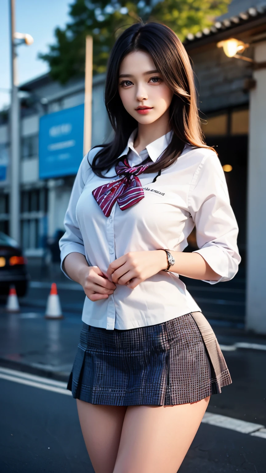 、highest quality, masterpiece, ultra high resolution, (realistic:1.4), RAW photo, (perfect body shape), dynamic pose, 1 girl, Upper body, alone, school uniform, in the dark, night, on the road, deep shadow, discreet key, Cold light 12000K