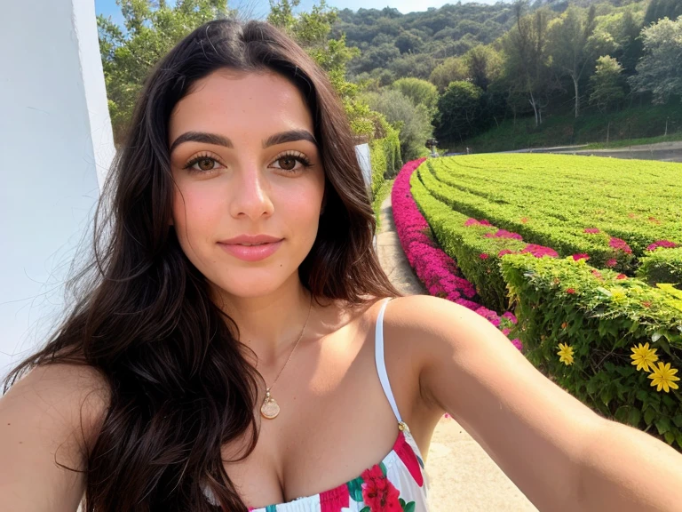 ((melhor qualidade)), ((obra de arte)), (detalhado), rosto perfeito  ((meia idade)) ((33 anos)) ((( Barbara Morí))) brunette with long black hair Spanish Latin features, com olhos verdes grandes e brilhantes, posing for a selfie wearing a floral sundress 