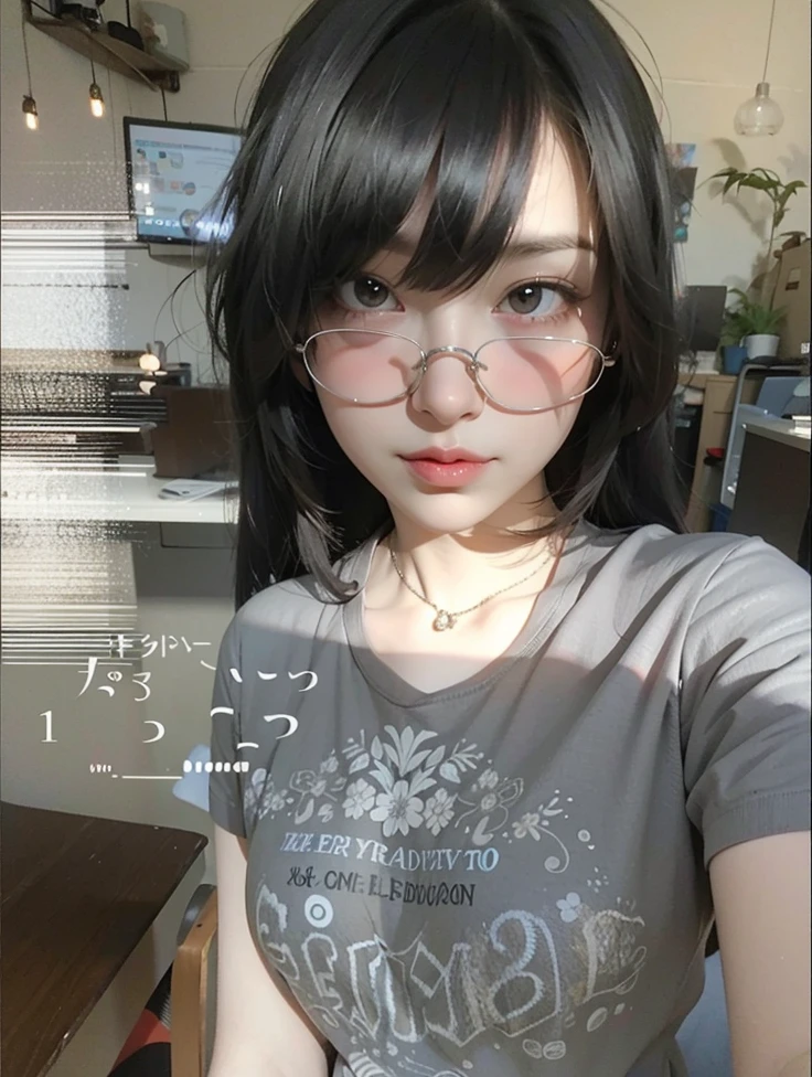 a close up of a woman con gafas and a t - shirt, chica anime en la vida real, con gafas, estilo anime realista 3d, efecto anaglifo ayami kojima, 8k selfie photography, anime fotorrealista, !!usando lentes!!, con gafas on, [32k high definition]^10, 1 7 year old anime gothic girl