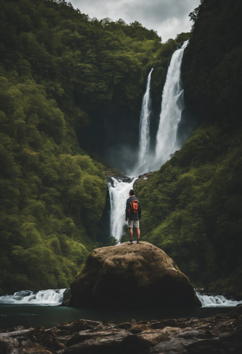 The image depicts a man standing on a rock in front of a waterfall. It showcases a scenic outdoor location with a focus on nature and water resources.