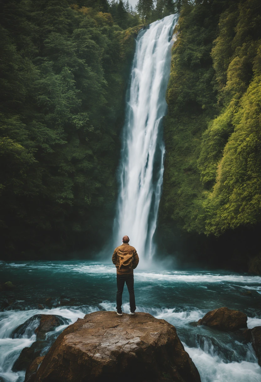 The image depicts a man standing on a rock in front of a waterfall. It showcases a scenic outdoor location with a focus on nature and water resources.