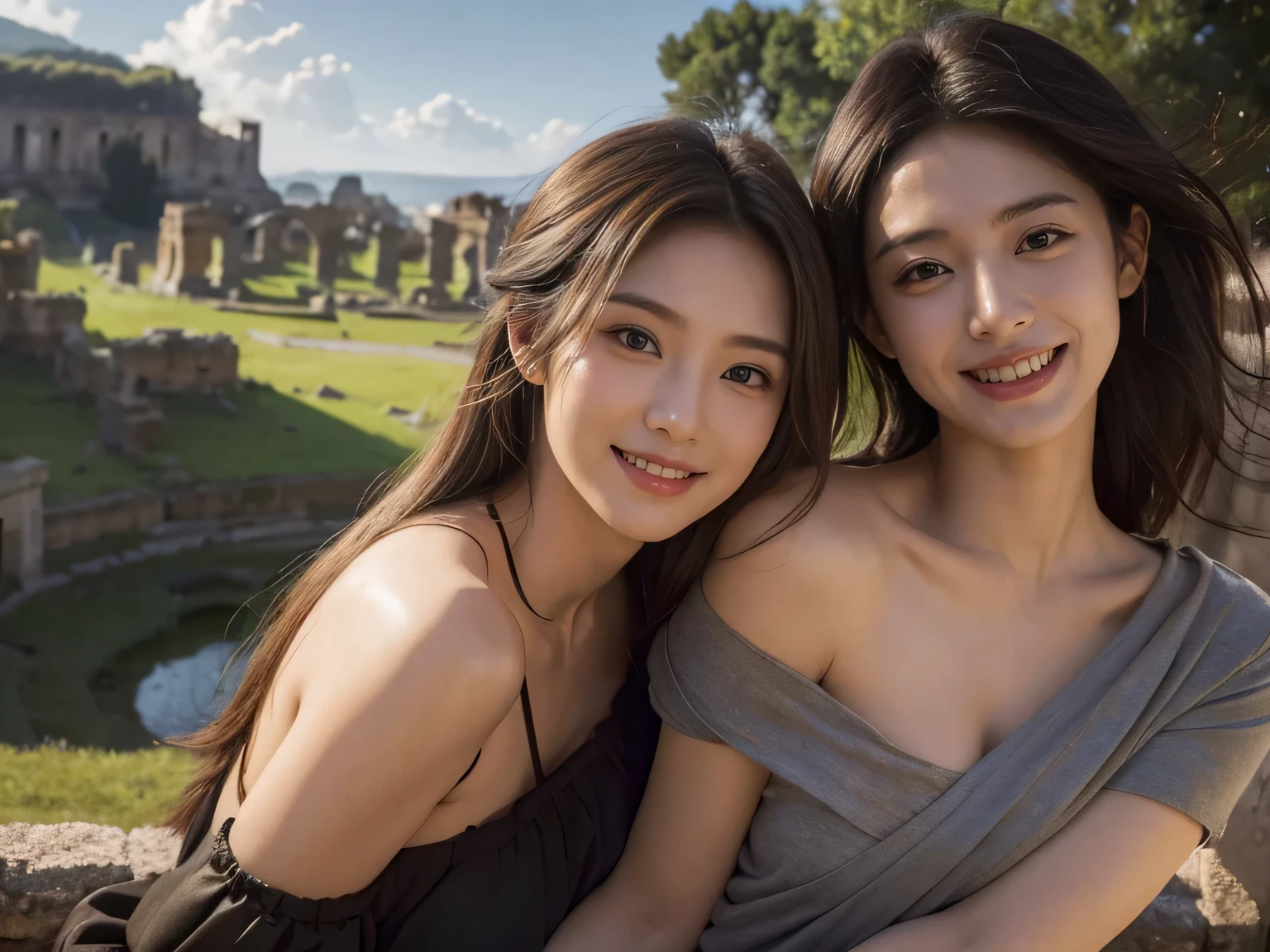 Ancient Roman ruins,Poussin-style landscape,A smile,,Sweet and seductive appearance.、Caravaggio's paintings、Chiaroscuro of Caravaggio、Hair disheveled in the wind,Two women frolicking,Cute smile, Expression of ecstasy,A sexy,Erotic
