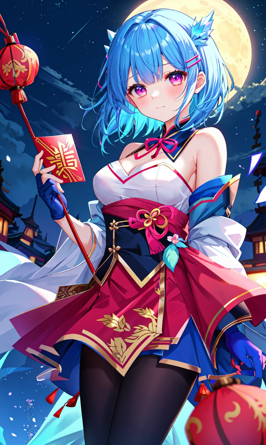 (17-year-old girl), (sharp eyes), solo, (perfect face), (detailed outfit), closed mouth, soft smile, (holding a tanghulu), (lunar new year), blue hair, sidelocks, hair between the eyes, bangs, short hair, (neck-length hair), pink eyes, fair skin, medium breasts, (flower ornament), (hairclips), (fingerless gloves), outdoor, blue night, (blue starry sky), (bright), (effects), (masterpiece), (best quality), (sharp focus), (depth of field), (high res), (colorful:1.2), vivid, (beautiful lighting), (slight blue tint)