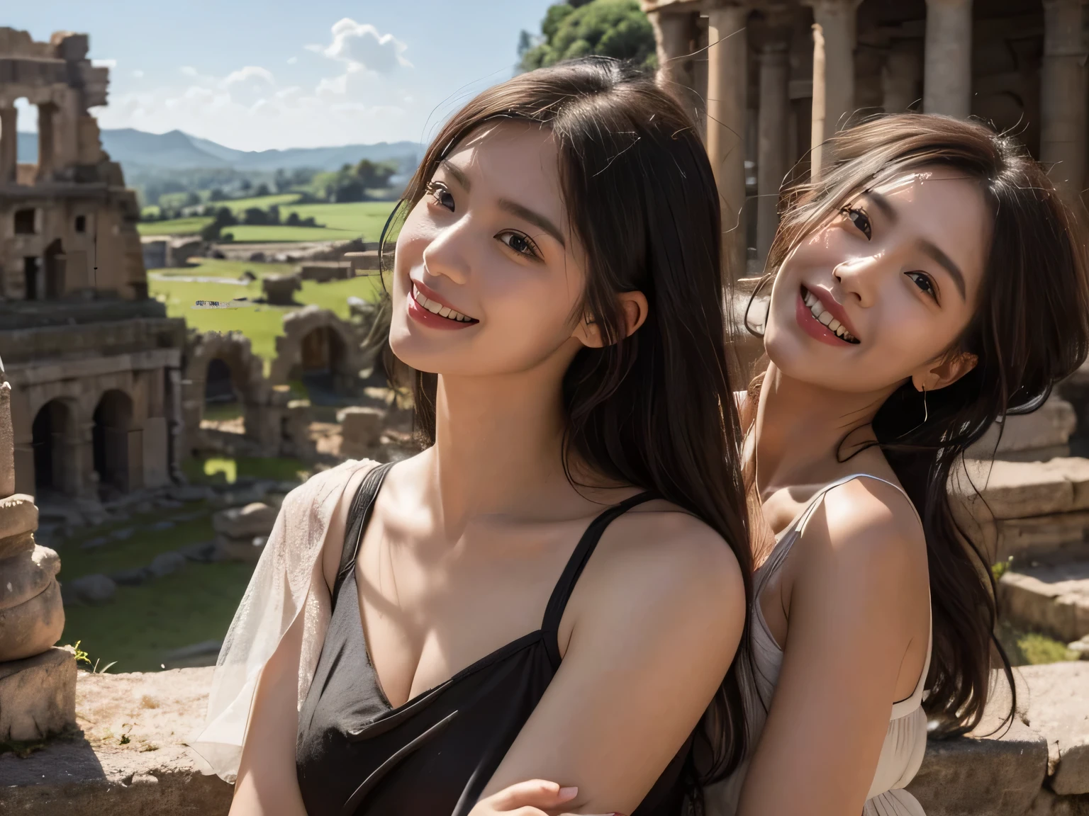 Ancient Roman ruins,Poussin-style landscape,A smile,,Sweet and seductive appearance.、Caravaggio's paintings、Chiaroscuro of Caravaggio、Hair disheveled in the wind,Two women frolicking,Cute smile, Expression of ecstasy,A sexy,Erotic 