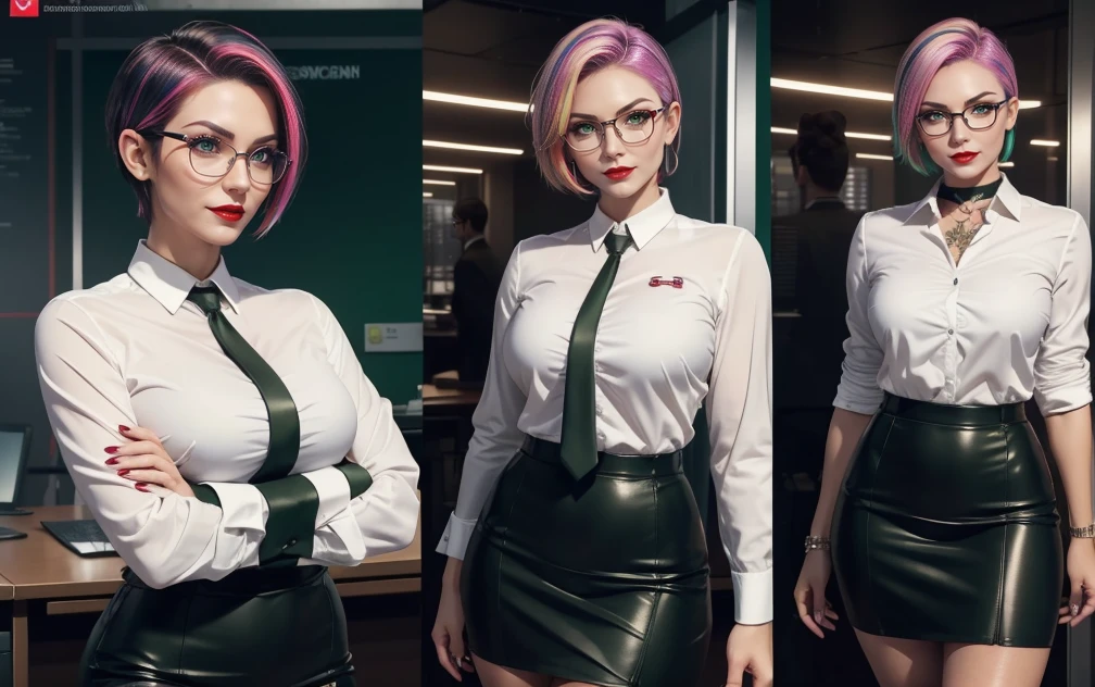 ((Masterpiece, Highest quality)), 8k, Detailed face, (character design sheet), full bodyesbian, Full of details, frontal body view, back body view, Highly detailed, Depth, Many parts, Multiple poses and expressions (mature woman) (short hair faded, undercut hairstyle) (multicoloured hair) (green eyes), 35 years old, (name:Milana fox) ,dominant gorgeous girl, same character, muscle body, evil smile, angry expression red lips, (business suit), girl tall, chokers, (Sexy Office Lady ), tattoos, glasses, short black skirt, white shirt, pantyhose, stocking
