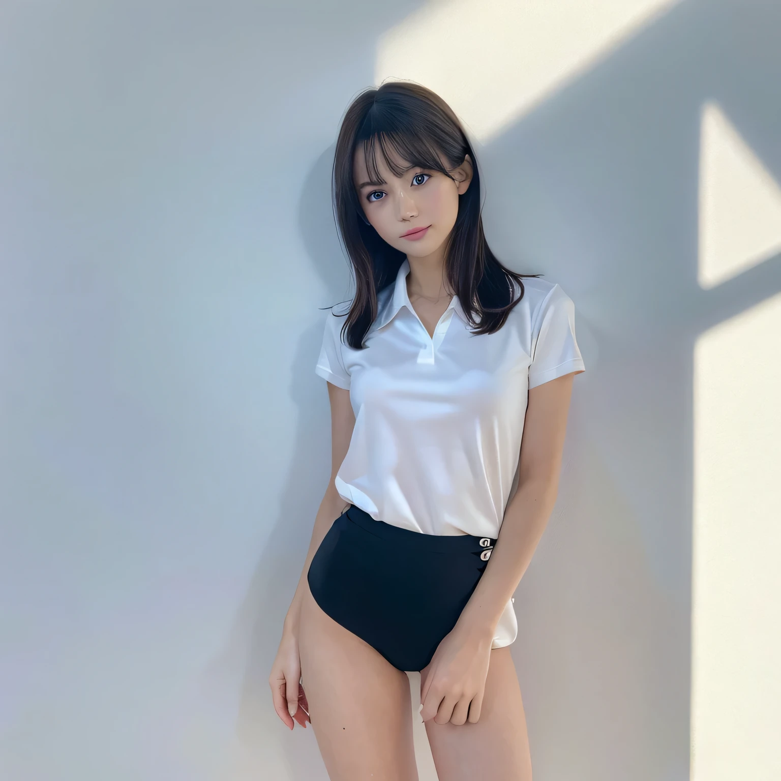 (raw, best quality, masterpiece:1.5), (Photorealistic, intricate details:1.2), ultra high definition, ridiculous, 1 girl, pretty face, blue eyes, green eyes, Detailed eyes, symmetrical eyes,  Pencil miniskirt, White shirt, silk scarf, black pantyhose, [:20 days, :0.8], Smile, Small dimples, Sexual innuendo, medium breasts, slim waist, thin legs, long legs, Perfect body, good proportions, looking at the audience, (White background wall:1.2), Japan, shiny skin, Realistic skin texture, natural lighting, best lighting, Detailed shadows, sharp focus, Depth of field f/2, Saturated, high contrast, Intense light and shadow,White polo shirt, white sneakers,upright ,whole body ,Above the legs, from below,whole body 