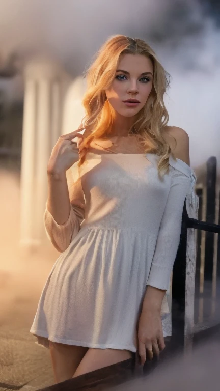 Epic poses (Full body photo: 1.5), (Front view: 1.2), (Masterpiece: 1.1), Standing position, in high heels, outside a bar, 1 girl, Sensual 30 year old body, Blonde, Wavy hair, Messy length, Ultra-realistic super defined face, Hyper-realistic and hyper-detailed, ((detailed skin texture, pore 1.5)), (looking at passing viewers), detailed noise-free focused face, detailed eyes, detailed lips, (( taken with a 70 x 200 cannon)) beautiful face, 16k, FHD, 8K, masterpiece, raw photo, best quality, photorealistic, highly detailed CG Unity 8k wallpaper, depth of field, cinematic light, realism, extremely realistic , (alone, full-length photo: 1.3), (walking in front of the bar), in a semi-rainy, humid night environment, desolate streets semi-lit by the light of streetlights, intricate (with fog, fog, fog: 1.3) , dressed in a short low-cut dress that enhances the figure of her body, half-leg open, showing her beauty, outdoors, works of art, smoking a cigarette in the light of the night, in the shadows, camera, high resolution, extremely detailed, leaning on a pole outside the bar,1 woman, beautiful detailed woman, body Full body perfectly proportioned, realistic, light on the face, cinematic lighting, super detailed eyes V3:1>, perfect eyes Professional, modern, focused on the product, commercial, eye-catching, very detailed