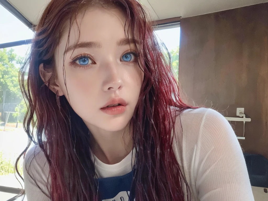 4 miniature Beautiful handsome woman, ((top quality, 8k, masterpiece:1.retty woman, 1woman, huge breasts:1.3, slender figure:1.1, elastic red long hair, (shower, wet body, wet clothes:1.1), very detailed face, detailed lips, detailed eyes, double eyelids, detailed blue eyes, extremely detailed outstanding blue eyes, red wet hair, red wet hair, detailed outstanding BLUE EYES, innocent stare at the viewer, extremely wet wavy red hair, detailed outstanding BLUE EYES, raining outside, huge earrings