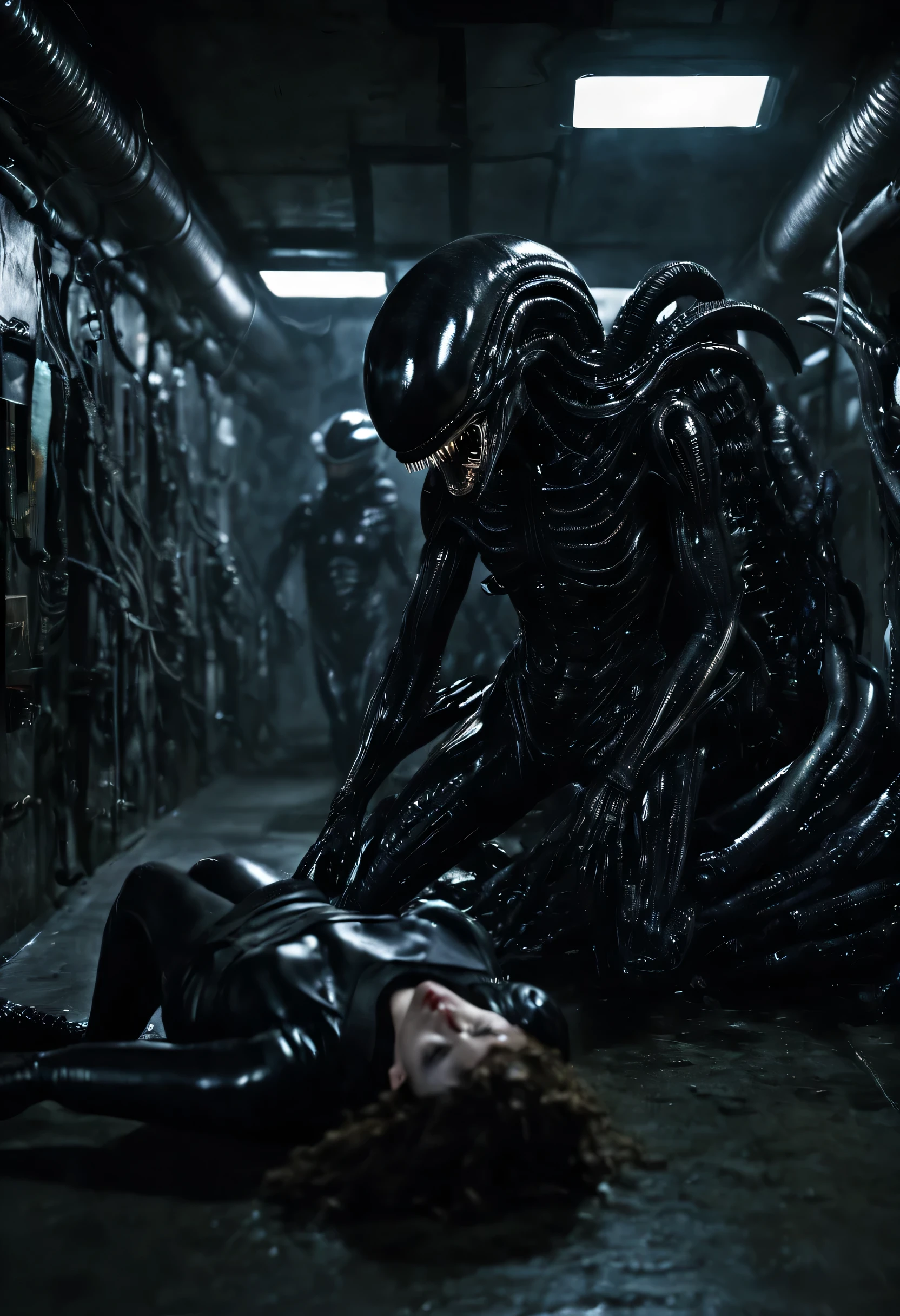 Many sexy women are cocooned in a slimy hard xenomorph nest, the women struggle futilely against their bindings, set in a hi-tech factory hallway, the xenomorph is barely visible, lurking in the shadows further down the hall, reference movie Alien 2, science fiction, hyper realistic, horror, best quality