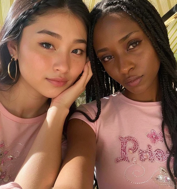 Duas mulheres de camisa rosa posam para foto, com pele morena, dois modelos no quadro, no estilo de Petra Collins, pele escura, ela tem pele morena oliva, hairstyle with two braids, pele escura, roupas rosa, suave em _ o fundo, rostos lindos, peach and goma style, older sister vibes, ano 2 mil, e 2k