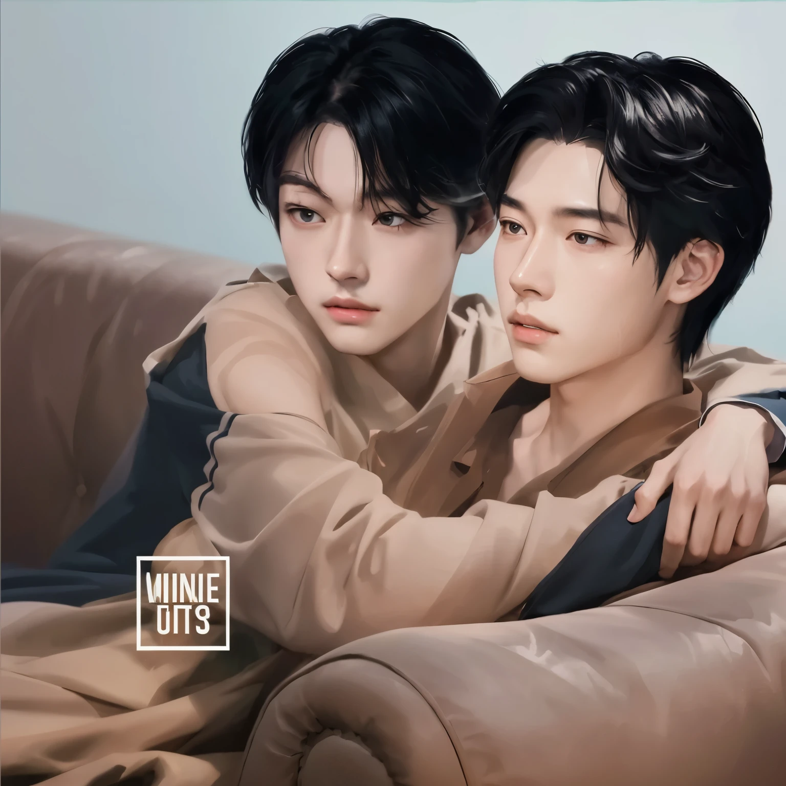 there are two young men sitting on a couch together, [ digital art ]!!, artwork in the style of guweiz, photorealistic!!!!!!! art style, inspired by Yanjun Cheng, official fanart, [ 4 k digital art ]!!, realistic art, high quality fanart, digital art. @mariomaniacdude, cai xukun