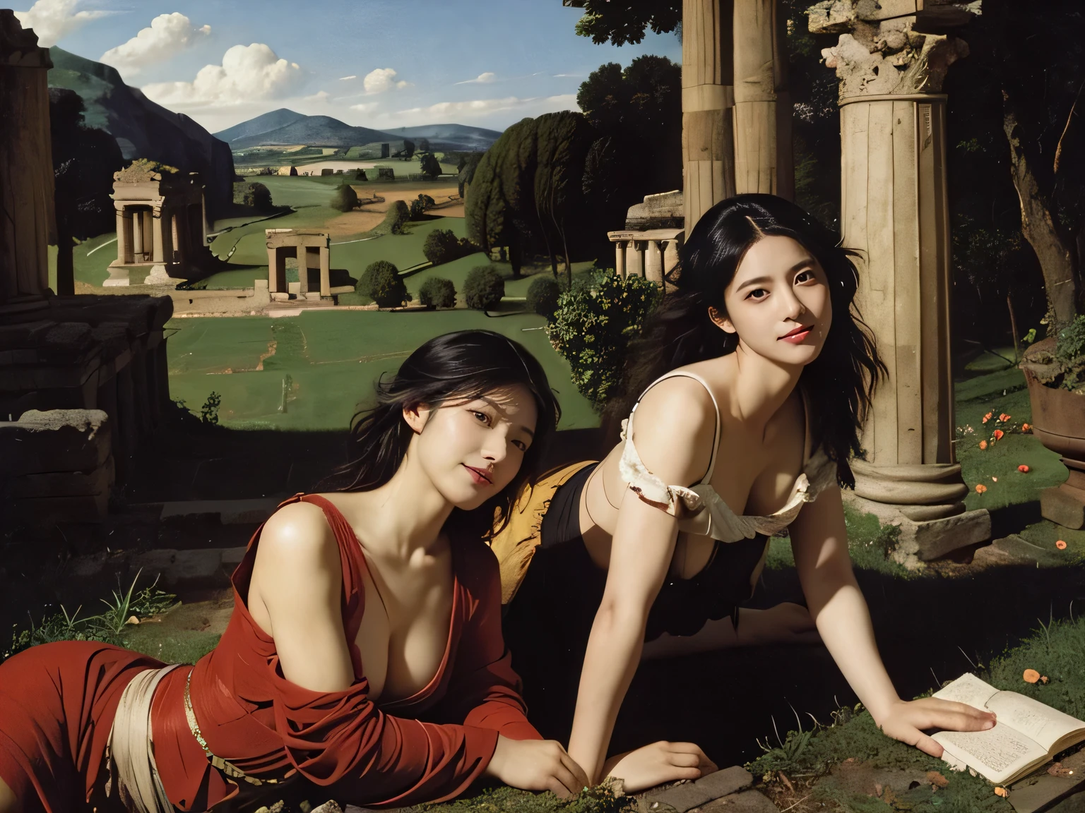 Ancient Roman ruins,Poussin-style landscape,A smile,,Sweet and seductive appearance.、Caravaggio's paintings、Chiaroscuro of Caravaggio、Hair disheveled in the wind,Two women frolicking,Cute smile, Expression of ecstasy,A sexy,Erotic 