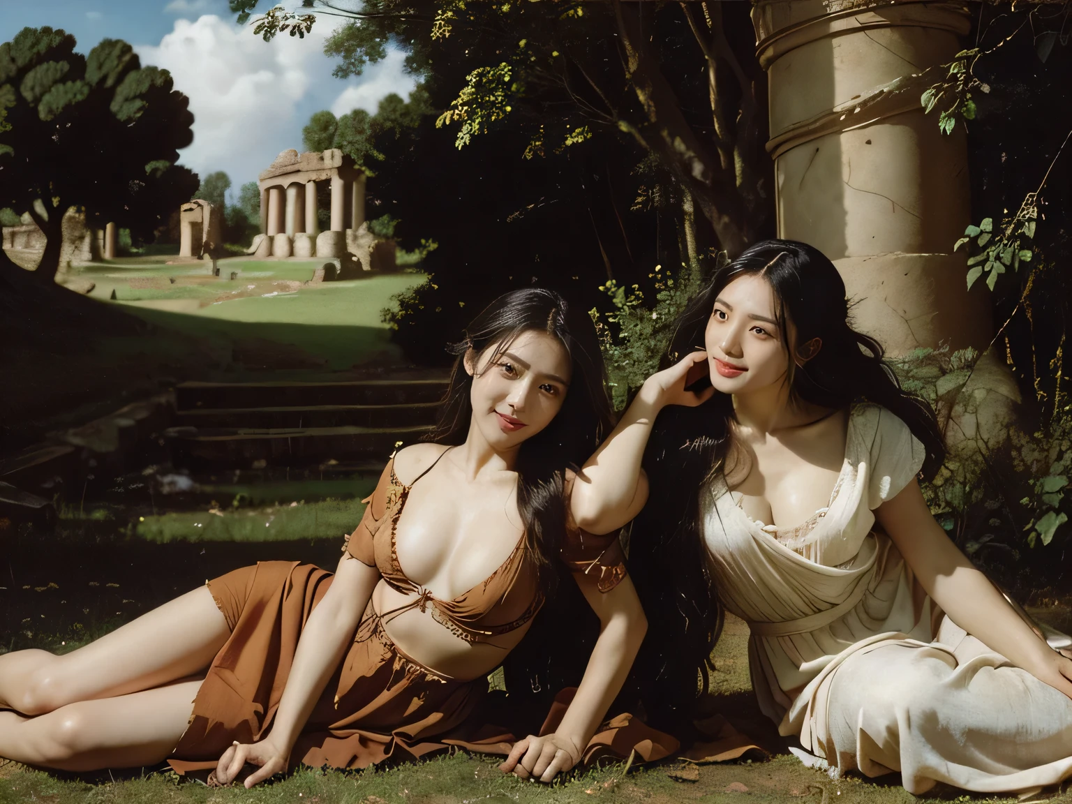 Ancient Roman ruins,Poussin-style landscape,A smile,,Sweet and seductive appearance.、Caravaggio's paintings、Chiaroscuro of Caravaggio、Hair disheveled in the wind,Two women frolicking,Cute smile, Expression of ecstasy,A sexy,Erotic