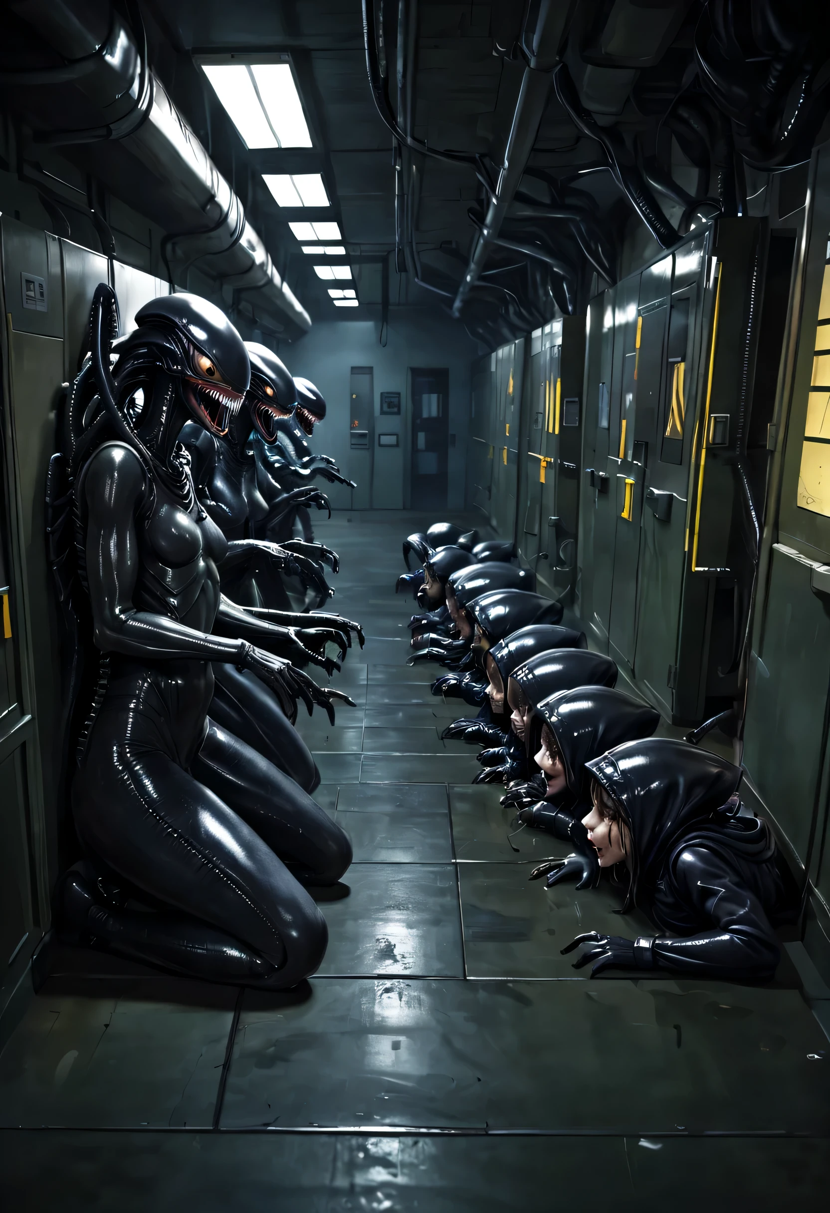 Many sexy women are cocooned in a slimy hard xenomorph nest, the women struggle futilely against their bindings, set in a hi-tech factory hallway, the xenomorph is barely visible, lurking in the shadows further down the hall, reference movie Alien 2, science fiction, hyper realistic, horror, best quality