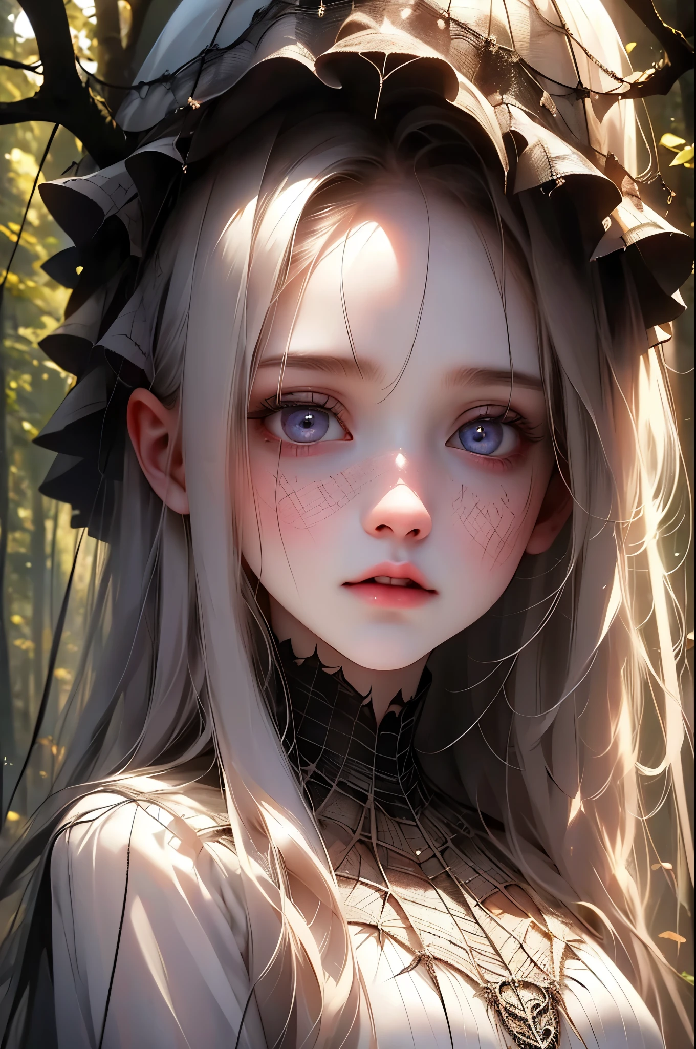 A girl caught in a spider web,illustration,high-res,best quality,realistic,extremely detailed,fearful expression,pale white skin,dark hair,delicate features,beautiful detailed eyes,beautiful detailed lips,long lashes,spider web pattern covering her body,forest background,dappled sunlight,soft and warm lighting,contrasting colors,spooky atmosphere.