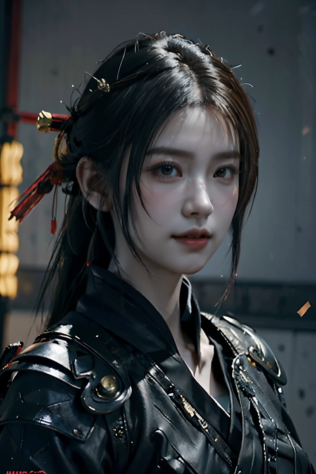 Game art,The best picture quality,Highest resolution,8K,(A bust photograph),(Portrait from bust:1.5),(Head close-up),(Rule of thirds),Unreal Engine 5 rendering works, (The Girl of the Future),(Female Warrior),
20岁少女,(The warrior in ancient China),(Short ponytail hairstyle),An eye rich in detail,(Big breasts),优雅高贵,冷漠,(Smile),
(The costume of Chinese swordsman elements,Costumes of ancient Chinese characters,Armor,The costume is red and gold,Heavy armour,Joint Armor),(Chinese Hanfu:1.3),人物,奇幻风格,
拍照姿势,野外背景,Movie lights,Ray tracing,Game CG,((3D Unreal Engine)),oc渲染反射纹