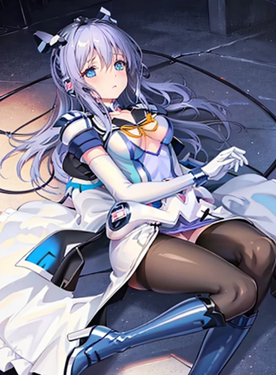 highest quality,sleep on your back in bed,Symphonic_Sugar,light blue hair,navy blue eyes,hair ornament,long hair,white long_glove,light blue short dress,black pantyhose,high heel, ,show me your boots,thigh high boots,Leotard sneak peek,glove,elegant, 1 girl, cute, blushed, looking at the viewer, from below, prison,blue eyes, beautiful eyes, beautiful background, particles of light, Light of the sun, dramatic lighting, outside, shiny, realistic, highest quality, Super detailed, get used to it, scenery, beautiful and detailed eyes, thin hair,full body shot,