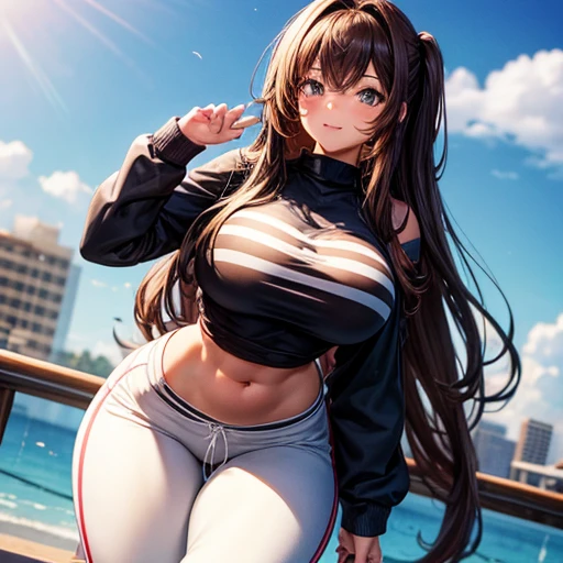 One Cute, American 20 year old female, that is 5 foot 8 inches. That has big tits, that has a thin waist, with long brown hair, with her body facing the camera wearing some tight sweatpants and a skin tight shirt.