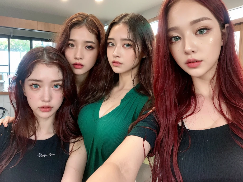 4 Beautiful handsome woman, ((top quality, 8k, masterpiece:1.retty woman, 1woman, huge breasts:1.3, slender figure:1.1, elastic red long hair, (shower, wet body, wet clothes:1.1), very detailed face, detailed lips, detailed eyes, double eyelids, detailed blue eyes, extremely detailed outstanding blue eyes, red wet hair, red wet hair, detailed outstanding EMERALD EYES, innocent stare at the viewer, extremely wet wavy red hair, detailed outstanding EMERALD EYES, raining outside