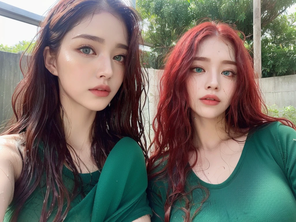 4 Beautiful handsome woman, ((top quality, 8k, masterpiece:1.retty woman, 1woman, huge breasts:1.3, slender figure:1.1, elastic red long hair, (shower, wet body, wet clothes:1.1), very detailed face, detailed lips, detailed eyes, double eyelids, detailed blue eyes, extremely detailed outstanding blue eyes, red wet hair, red wet hair, detailed outstanding EMERALD EYES, innocent stare at the viewer, extremely wet wavy red hair, detailed outstanding EMERALD EYES, raining outside