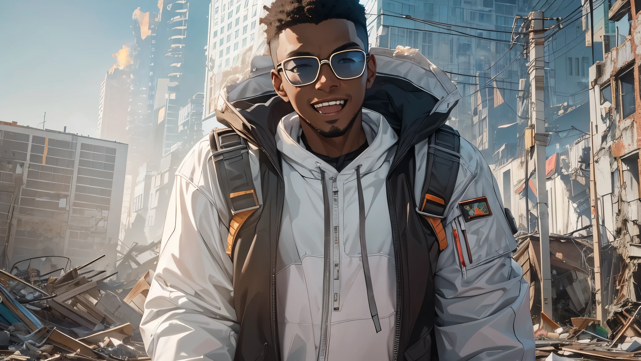 Capture the breathtaking moment as a young, dark-skinned man wearing glasses, dressed in a crisp white windbreaker hoodie, has a evil laugh, open mouth, sharp anime teeth, intense eyes while inspecting the remains of a building turned to rubble by an explosion. This RAW masterpiece showcases an ultra-high resolution, photorealistic full-body portrait, illuminated by the warm glow of sunlight. The scene is rendered in the captivating style of mecha sci-fi anime, boasting an impressive 8K resolution for the best quality imagery. Crafted with Unreal Engine 1.4, this piece features ultra-realistic 64K CG, skin texture at 1.4, and volumetric fog to add depth and atmosphere. The details are further enhanced with 8K UHD, DSLR quality, film grain, and the artistic touch of lomography. The result is a stunning blend of high-quality visuals, translucent effects, and photorealism that truly captivates the viewer.