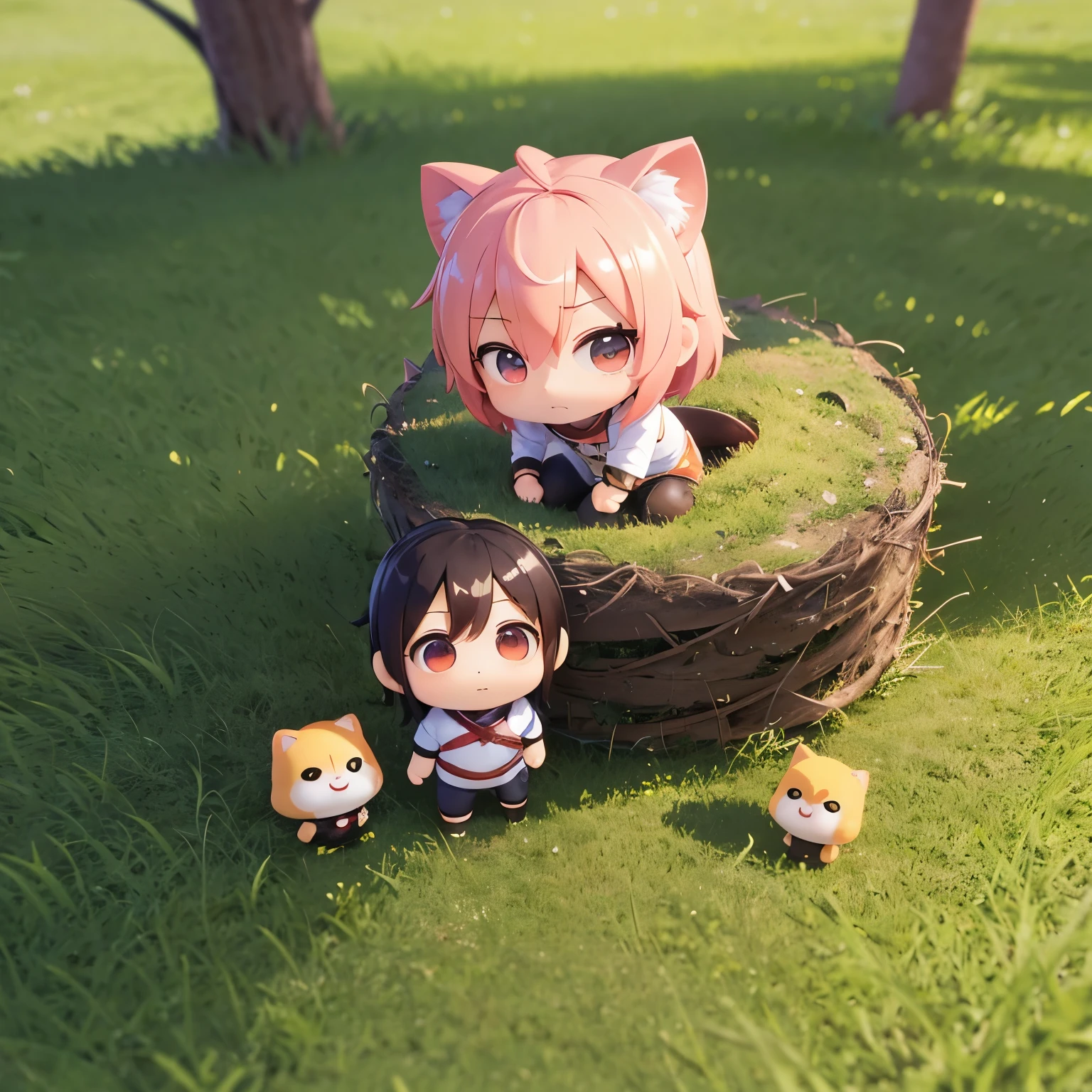 best quality, (chibi character, super deformed, full body, big head:1.5, 3D), cute chibi characters waiting in the nest for their parents to return, fantasy