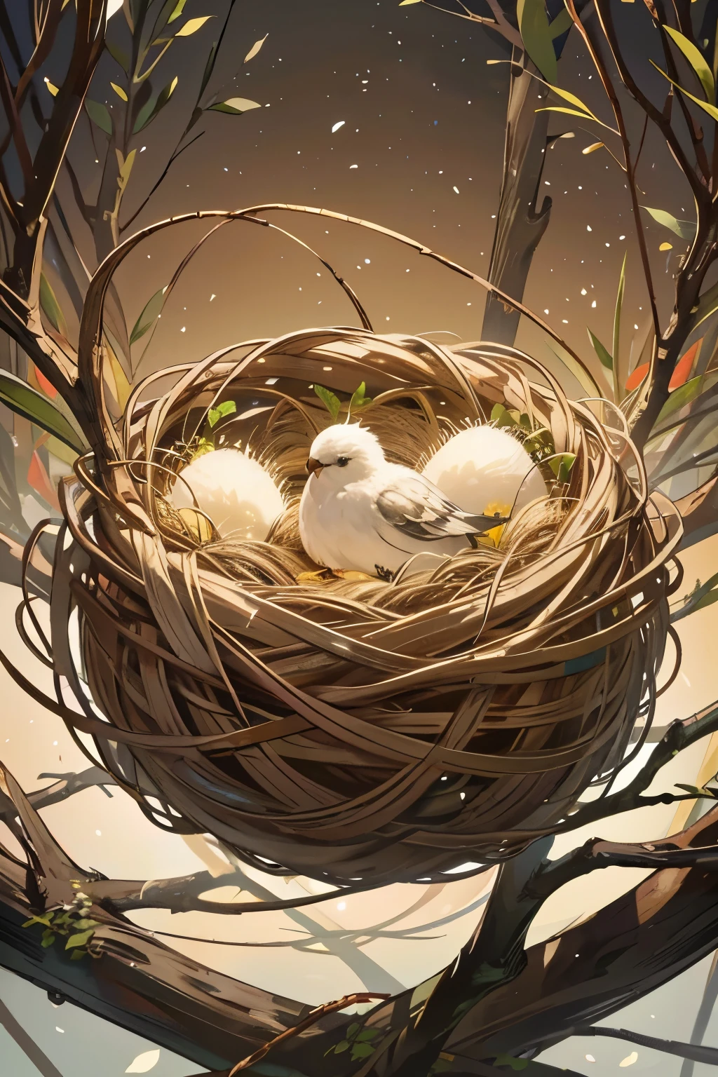 Ultra-detailed bird's nest: (1.2), intricately woven twigs and grass, feathers softly lining the inside, tiny eggs with delicate shells, natural colors, best quality, raw photo

Break, close-up view of the bird's nest: (1.4), fine details of the nest structure, complex texture of the twigs, distinct pattern of the weaving, Amazing clarity, Hidden beauty, Immersive perspective.

Creative expression: Handmade bird's nest, made from natural materials, intricately designed, exquisite craft, detailed attention to every aspect, time-honored technique, Macro photography, Extreme close-