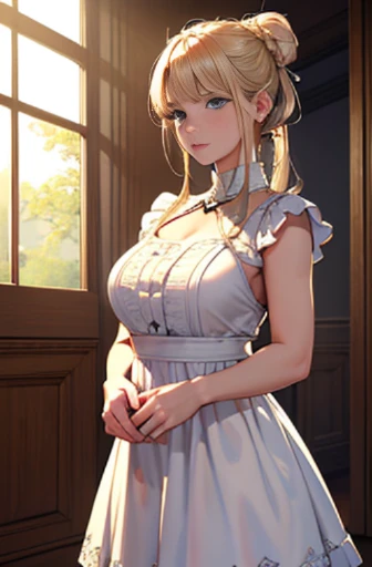 ((masterpiece)), (best quality), (ultra-detailed), (Powerful illustrations),(extremely detailed CG),(4k post processing is very detailed),(cowboy shot),(dynamic lighting),(caustics),(high resolution)
19 years old,female,blonde,blue eyes,white,blonde,bun hair,ruffled dress,chubby,short,noble,daughter,aristocrat,marquis,soft body