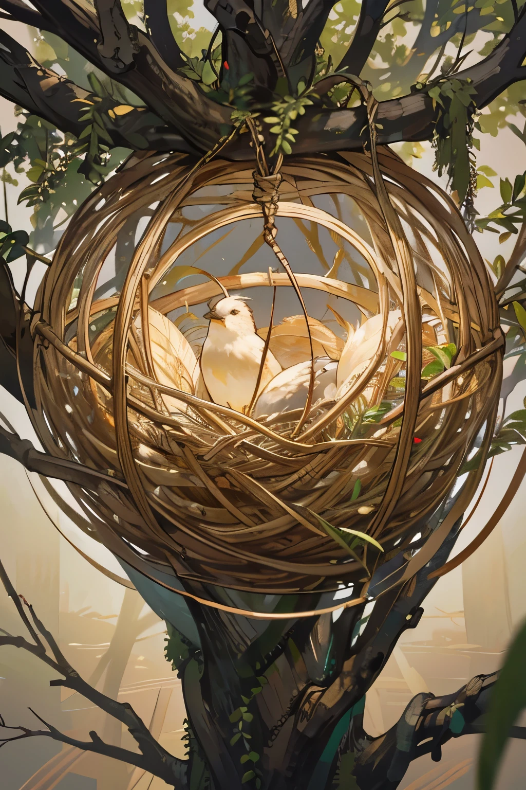 Ultra-detailed bird's nest: (1.2), intricately woven twigs and grass, feathers softly lining the inside, tiny eggs with delicate shells, natural colors, best quality, raw photo

Break, close-up view of the bird's nest: (1.4), fine details of the nest structure, complex texture of the twigs, distinct pattern of the weaving, Amazing clarity, Hidden beauty, Immersive perspective.

Creative expression: Handmade bird's nest, made from natural materials, intricately designed, exquisite craft, detailed attention to every aspect, time-honored technique, Macro photography, Extreme close-