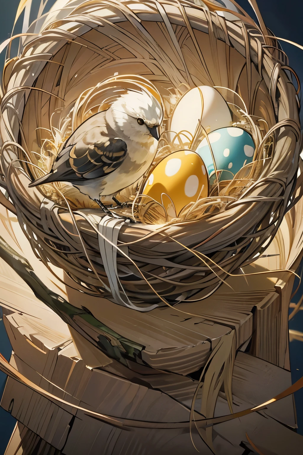 Ultra-detailed bird's nest: (1.2), intricately woven twigs and grass, feathers softly lining the inside, tiny eggs with delicate shells, natural colors, best quality, raw photo

Break, close-up view of the bird's nest: (1.4), fine details of the nest structure, complex texture of the twigs, distinct pattern of the weaving, Amazing clarity, Hidden beauty, Immersive perspective.

Creative expression: Handmade bird's nest, made from natural materials, intricately designed, exquisite craft, detailed attention to every aspect, time-honored technique, Macro photography, Extreme close-