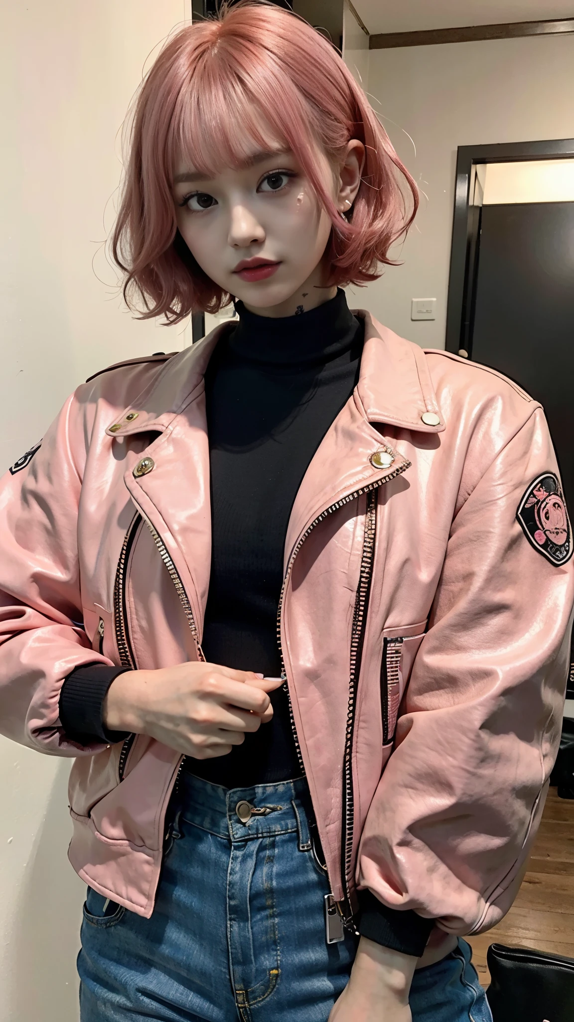 (close up shot),⦅short hair⦆curly hair、、1 woman with bright pink hair, (attractive punk girl)、19 years old、plays the guitar (leather jacket and tattoo)