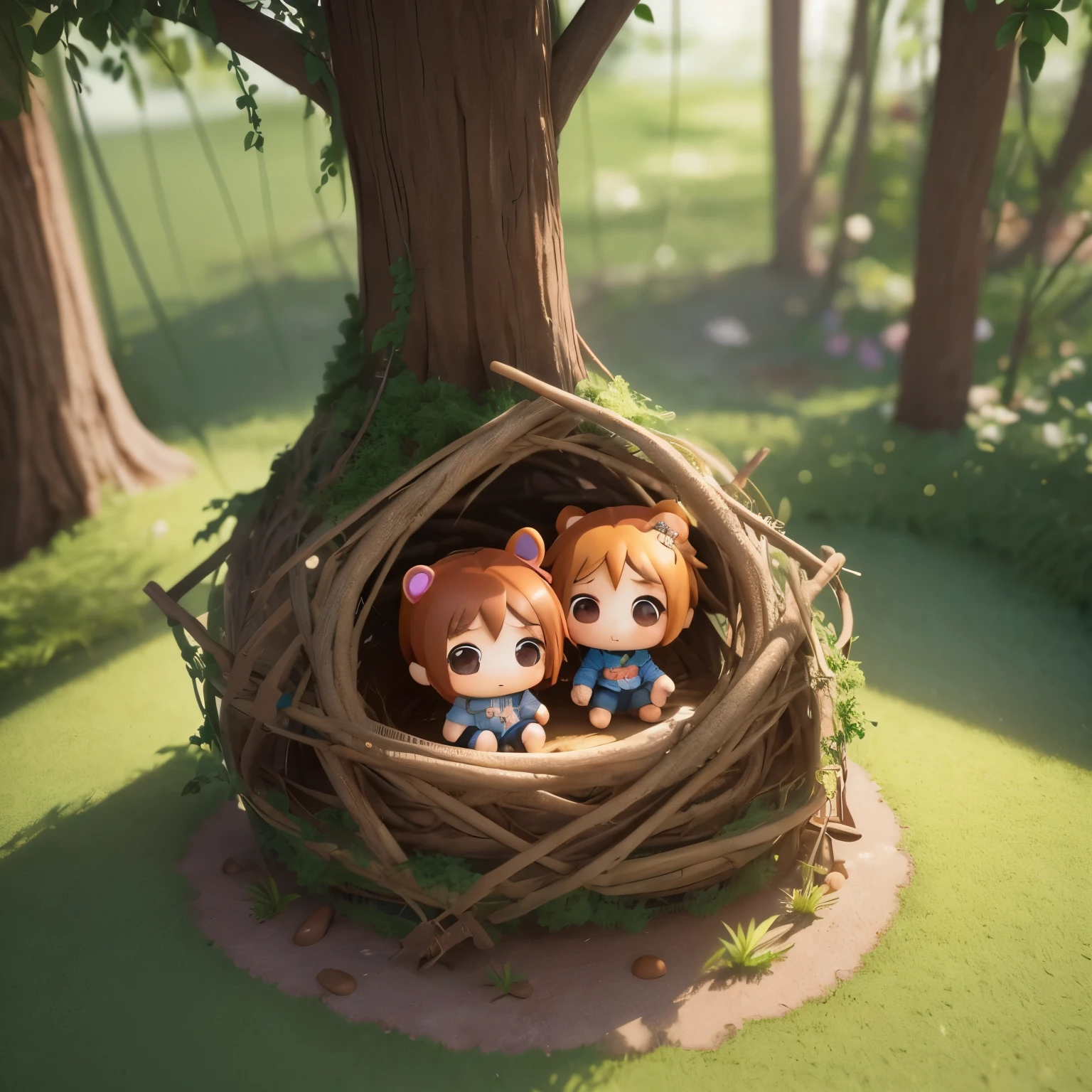 best quality, (chibi character, super deformed, full body, big head:1.5, 3D), cute chibi characters waiting in the nest for their parents to return, fantasy