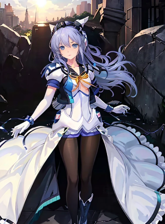 highest quality，Symphonic_Sugar,light blue hair,navy blue eyes,hair ornament,long hair,white long_glove,light blue short dress,black pantyhose,high heel, ,show me your boots，thigh high boots，Leotard sneak peek，glove，elegant, 1 girl, cute, blushed, looking at the viewer, from below, prison，blue eyes, beautiful eyes, beautiful background, particles of light, Light of the sun, dramatic lighting, outside, shiny, realistic, highest quality, Super detailed, get used to it, scenery, beautiful and detailed eyes, thin hair，full body shot，