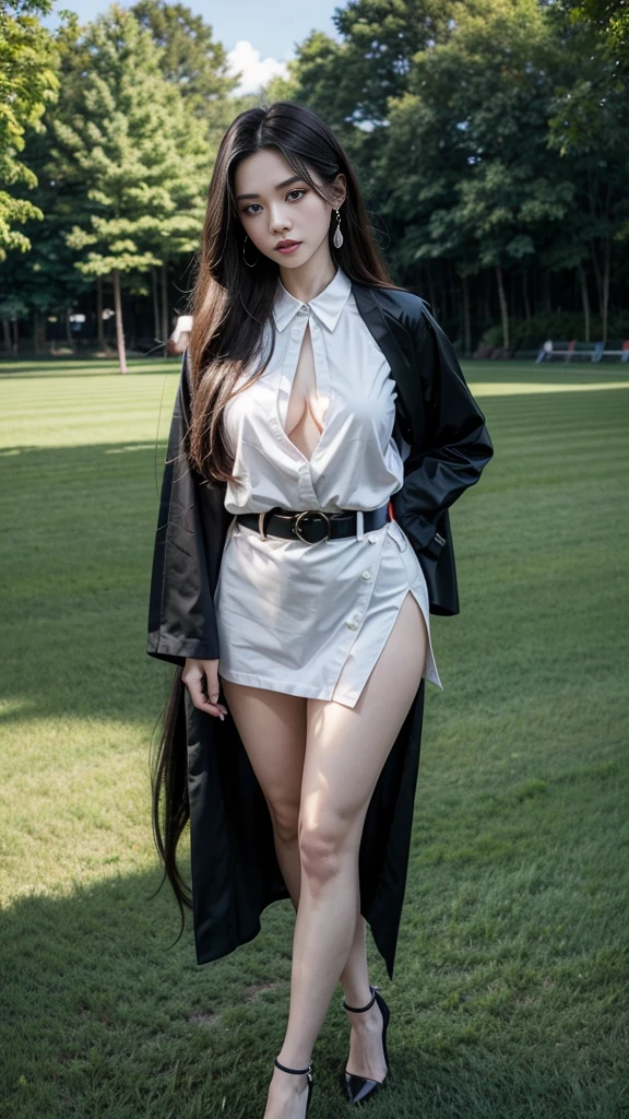 highest resolution, 8K, high definition, Young woman, My hair is very long., My hair is very long., My hair is very long., My hair is very long., red lips, White short-sleeved, collared shirt with front buttons., กระโปรงดินสอสีดำสั้นผ่าข้างพร้อมbeltผู้หญิง, Huge breasts, Breast augmentation, big breast, Big tits, plump tits, Fluffy milk, Huge breasts, Symmetrical shape, sexy figure, small waist, Long legs, Beautiful thighs, Pitch black high heels, earring, Put on a watch, belt, full body, Look at every part of the body., university backdrop, building, building, lawn, outdoor sports field