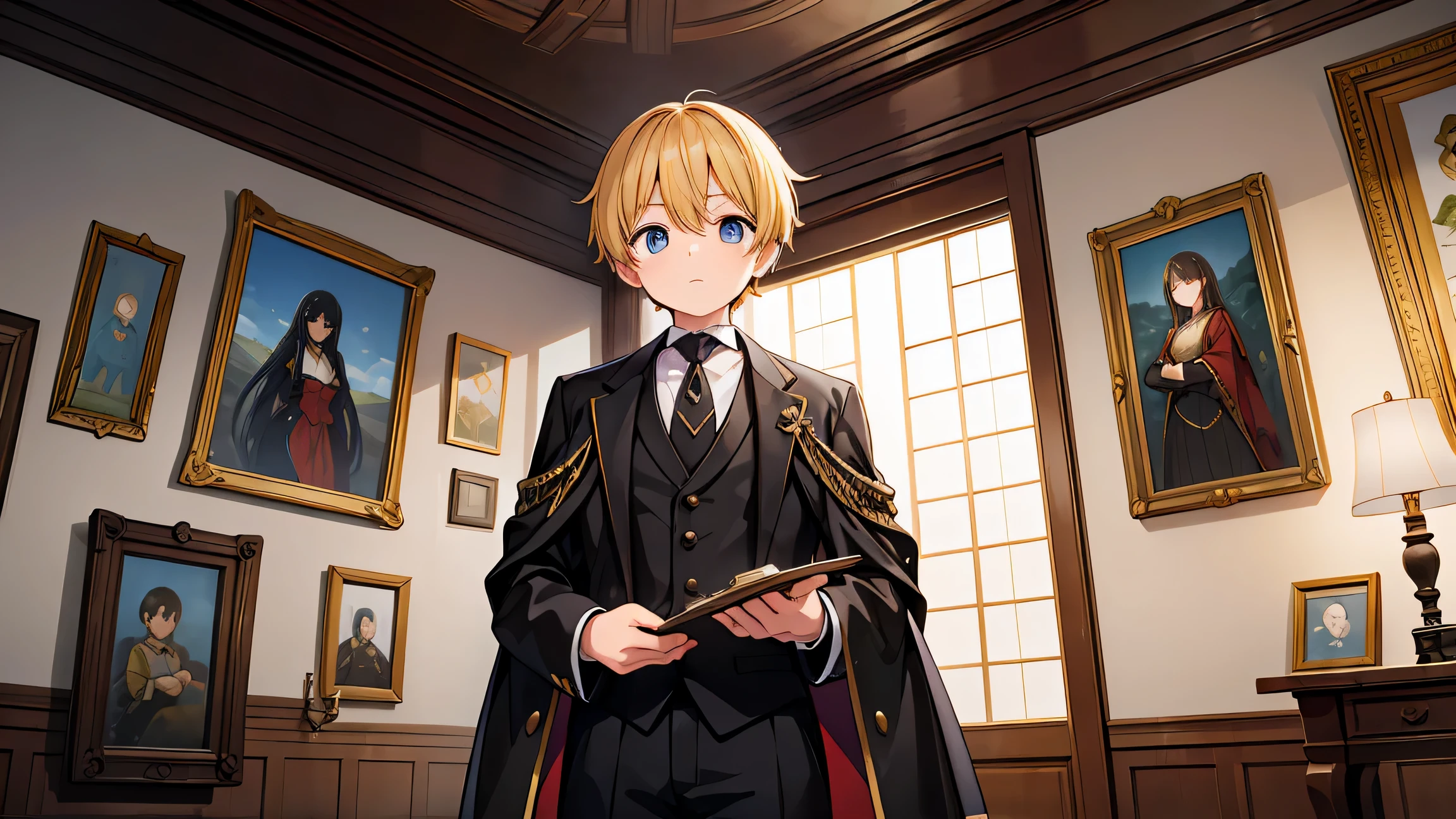 1man, solo, (((MALE))), masterpiece, best quality, highres, golden hair, short golden hair, chains, long chains, ledger, big book, (((long sleeve))), (((jacket))), black pants, scarred