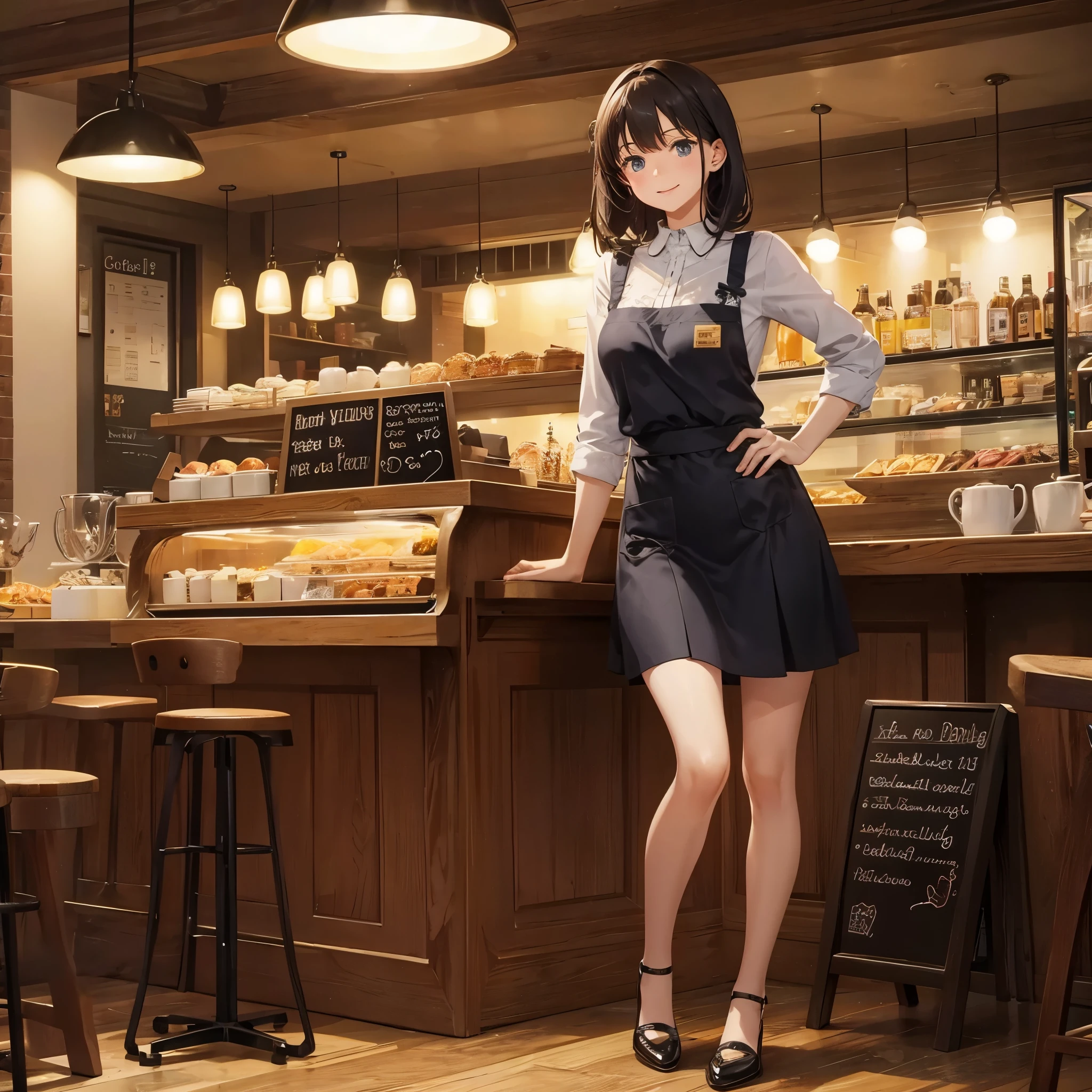 cafe clerk　Tight Skirt　1 woman in her 30s　Cafe at night　smile gently