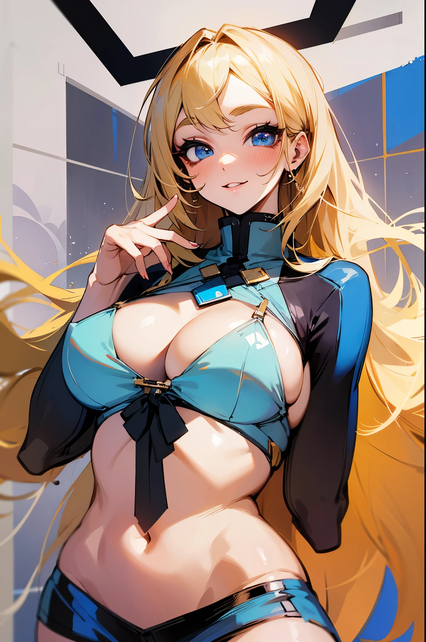 ((Best Quality, 8K, Masterpiece: 1.3)), Girl, Beautiful Woman (Long Hair, Large: 1.3), Height 151cm, Blonde, Super Delicate Face, Detailed Eyes, Double Eyelids, Blue Eyes, Smile, Perfect Face, gorgeous, blonde, 23 years old, cute, long hair, thin, big breasts (G cup), gesture (raises hair), shy, figure (miniskirt, Korean makeup)
