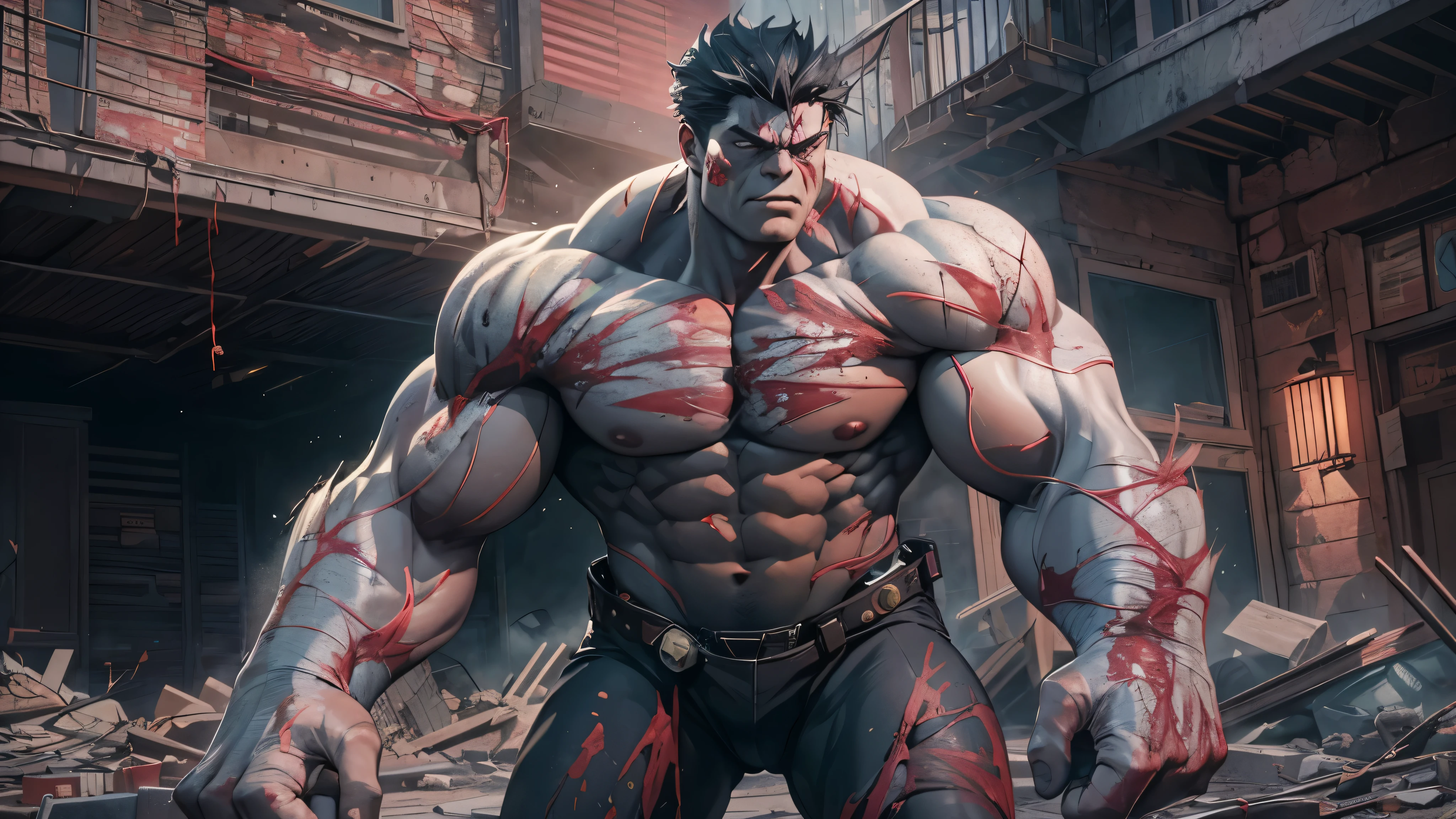 Capture the gory, bloody moment as the incredibly hulk gets cut in half by a super laser that rips off his body into two pieces around the remains of a building turned to rubble by an explosion. This RAW masterpiece showcases an ultra-high resolution, photorealistic full-body portrait, illuminated by the warm glow of sunlight. The scene is rendered in the captivating style of mecha sci-fi anime, boasting an impressive 8K resolution for the best quality imagery. Crafted with Unreal Engine 1.4, this piece features ultra-realistic 64K CG, skin texture at 1.4, and volumetric fog to add depth and atmosphere. The details are further enhanced with 8K UHD, DSLR quality, film grain, and the artistic touch of lomography. The result is a stunning blend of high-quality visuals, translucent effects, and photorealism that truly captivates the viewer.