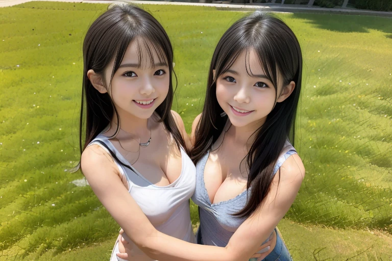 (highest quality:1.3),equivalent height、幼いgirl、low length,In the classroom、Large number of people、girlがいっぱいいる、複数のgirl,long black hair,face each other and look at each other,hug each other,two bodies are close together、girlの写真、Holding hands and facing each other、向かい合ったgirlの写真、Push each other、Stick your boobs and together、,highest quality,girl、二人のgirl、向かい合うgirl、While hugging each other、、向かい合いhug each other、pretty big breasts、super big breasts、very big breasts、big cleavage、Upper body in underwear、bra that shows cleavage、、skinny jeans