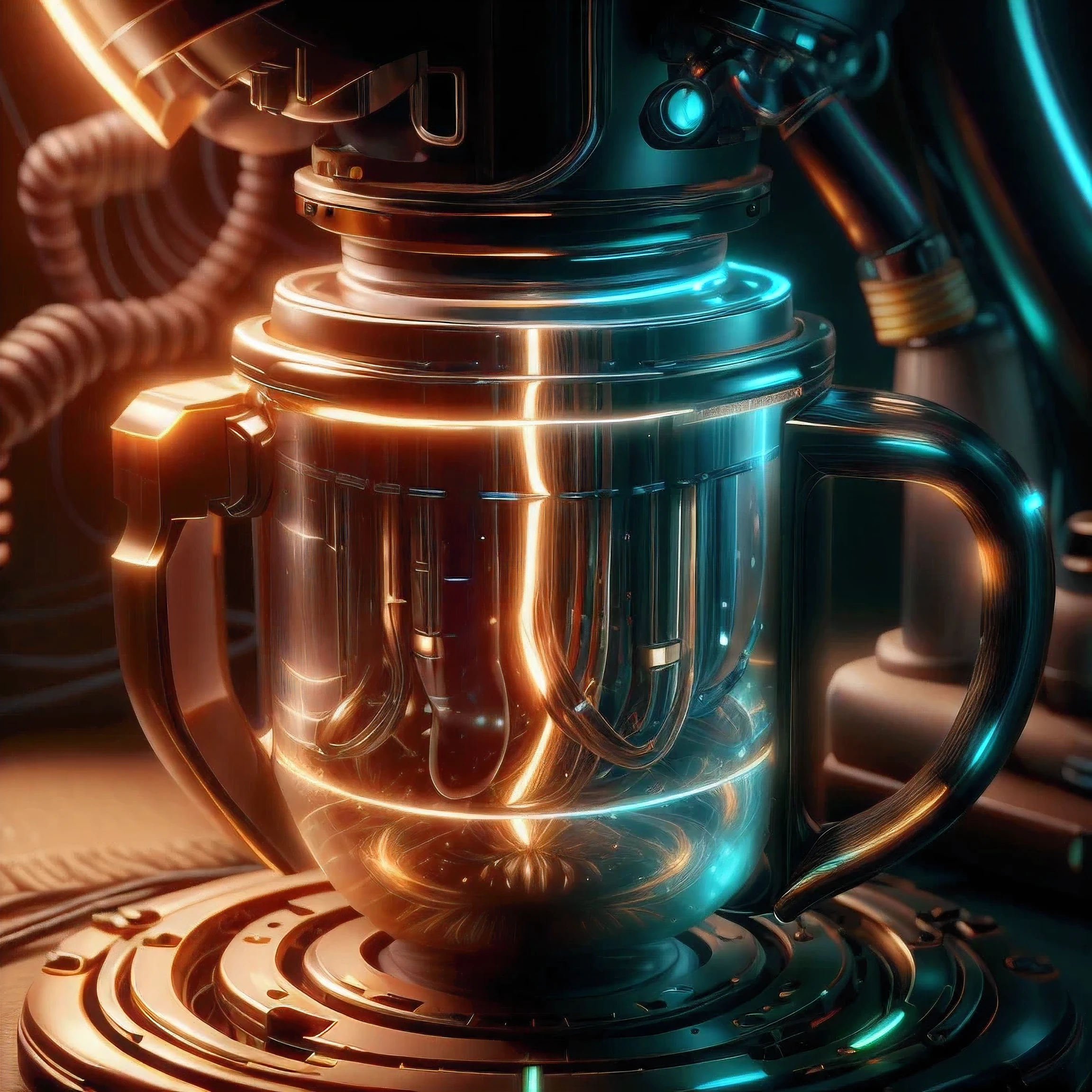 opticaltech ,scifi, optical fibers,inner glow , 
coffee machine , mug,