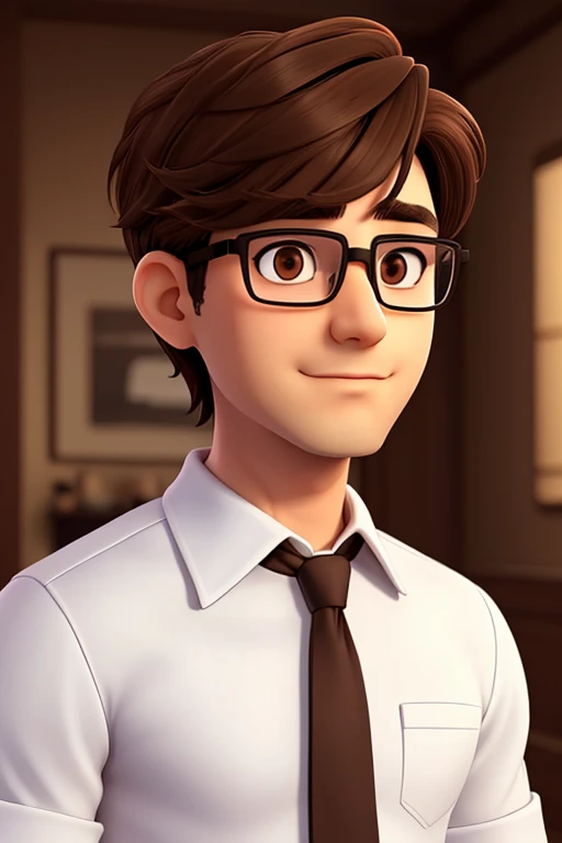 A man of 30 years old, with short brown hair,diamond face, strict look, and brown eyes, wearing white white shirt with necktie and glasses.