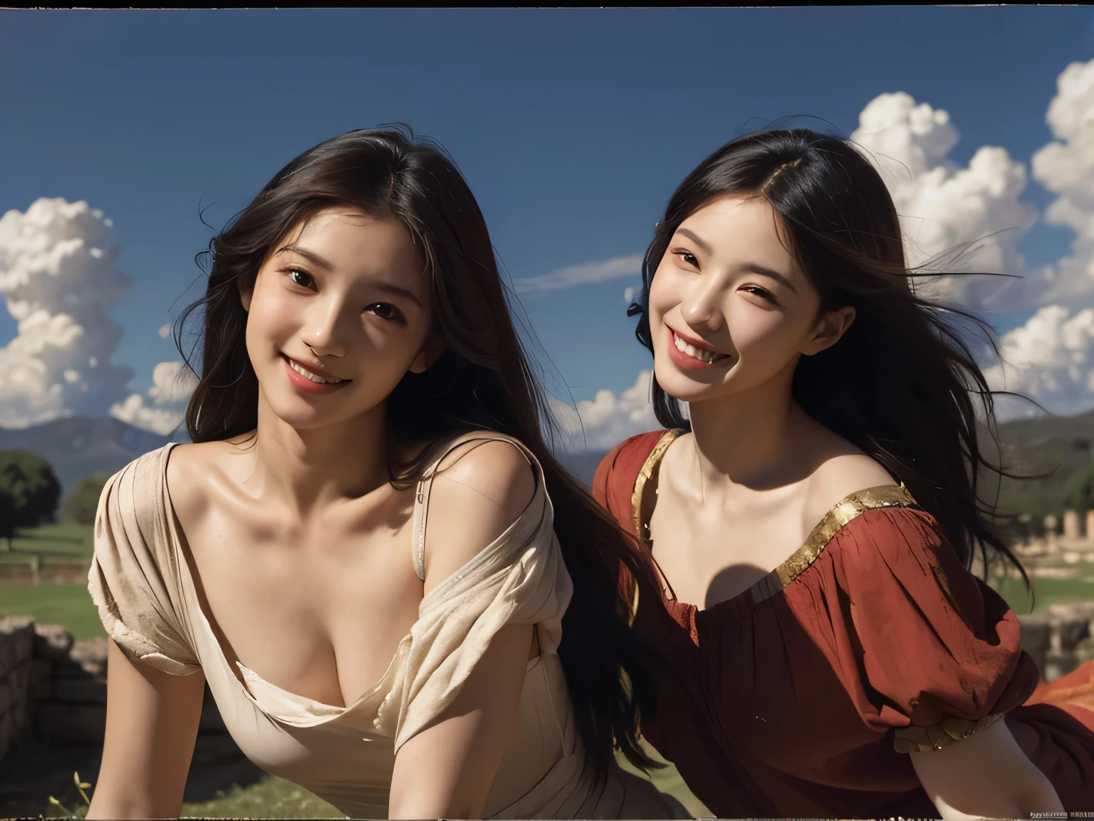 Ancient Roman ruins,Poussin-style landscape,A smile,,Sweet and seductive appearance.、Caravaggio's paintings、Chiaroscuro of Caravaggio、Hair disheveled in the wind,Two women frolicking,Cute smile, Expression of ecstasy,A sexy,Erotic 