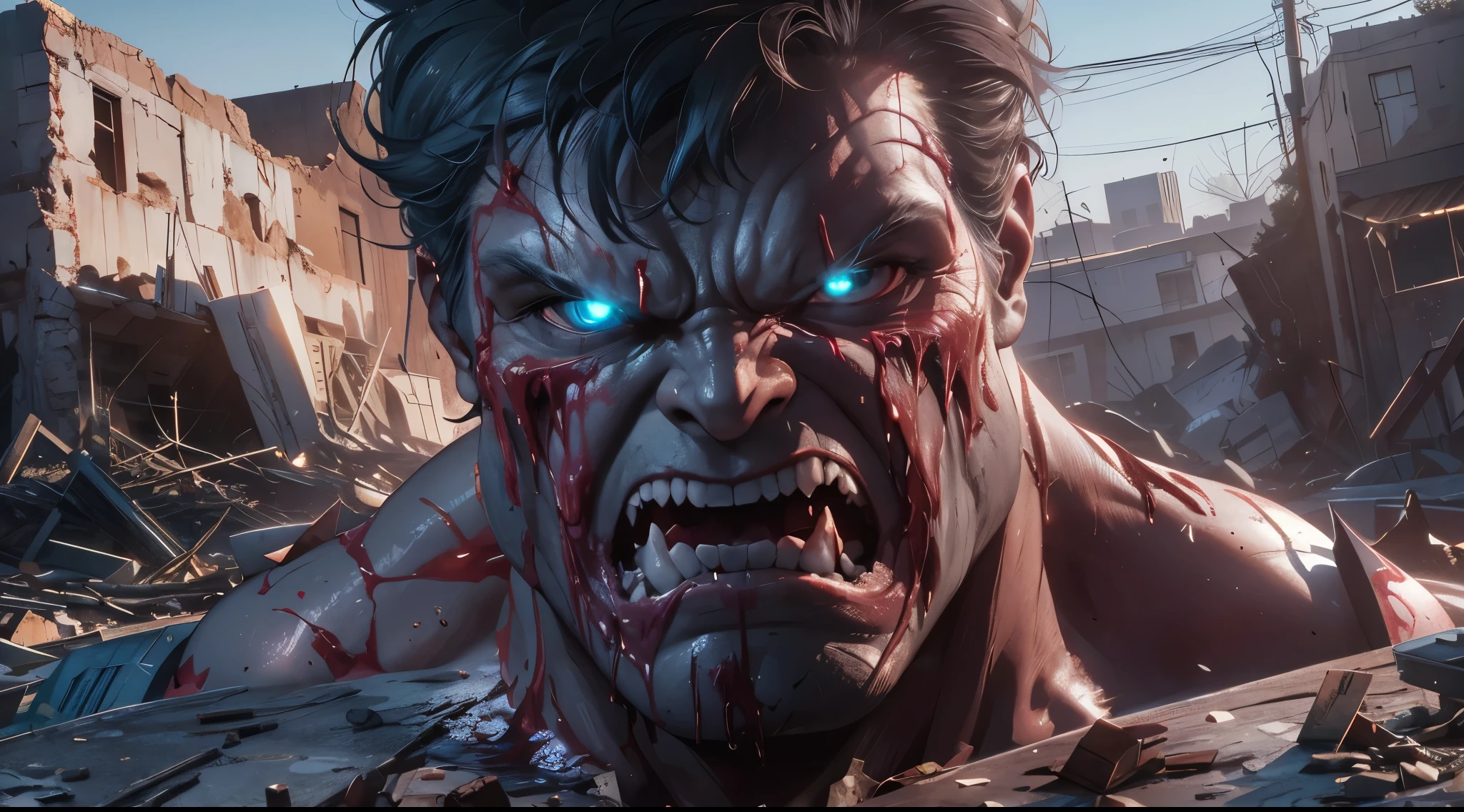 Capture the gory, bloody moment as the incredible hulk gets cut in half by a blue super laser that cuts his body into two pieces around the remains of a destroyed city turned to rubble by an explosion. This RAW masterpiece showcases an ultra-high resolution, photorealistic full-body portrait, illuminated by the warm glow of sunlight. The scene is rendered in the captivating style of mecha sci-fi anime, boasting an impressive 8K resolution for the best quality imagery. Crafted with Unreal Engine 1.4, this piece features ultra-realistic 64K CG, skin texture at 1.4, and volumetric fog to add depth and atmosphere. The details are further enhanced with 8K UHD, DSLR quality, film grain, and the artistic touch of lomography. The result is a stunning blend of high-quality visuals, translucent effects, and photorealism that truly captivates the viewer.