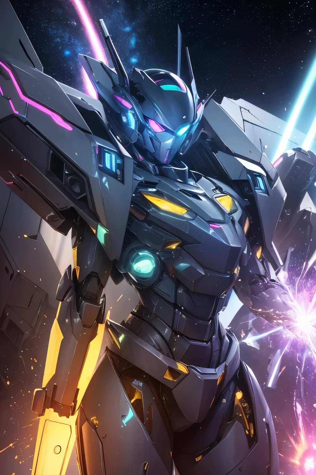 best quality, 32k, RAW photo, incredibly absurdres, extremely detailed, Mecha in a honeycomb state, there are holes all over the body and sparks blow out, causing damage, delicate, flashy and dynamic depiction, background galaxy, shining planet, rainbow colors neon line light