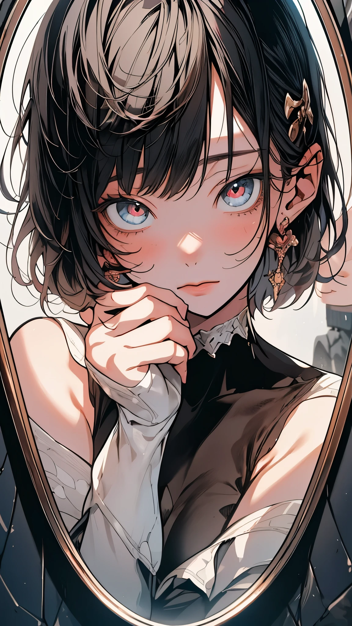Create a powerful image showcasing a person looking into a mirror, fully embracing their own reflection. Use symbolic elements to represent self-awareness and authenticity. Convey the message that true identity is unapologetically embraced. anime realism with whimsy