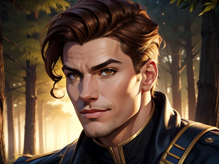 masterpiece, best quality, realistic, 1boy, mature male, quiet and charming young boy, 19 year old, a smirk, closed mouth, gold skin, portrait, extremely detailed face, cold and smirk, ((honey eyes)), ((short wavy brown hair)), [thick eyebrows], dark palace, ((soldier)), dim light, evil, woods background