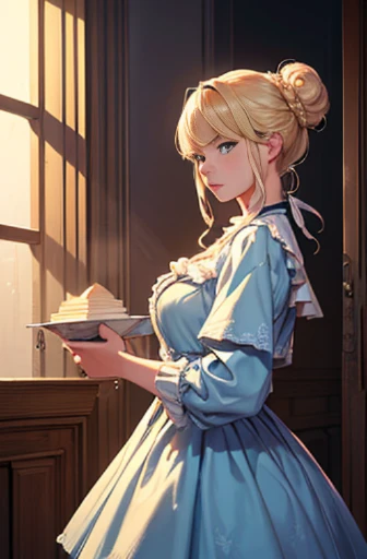((masterpiece)), (best quality), (ultra-detailed), (Powerful illustrations),(extremely detailed CG),(4k post processing is very detailed),(cowboy shot),(dynamic lighting),(caustics),(high resolution)
19 years old,female,blonde,blue eyes, caucasoid,blonde,bun hair,ruffled dress,chubby,short,noble,daughter,aristocrat,marquis