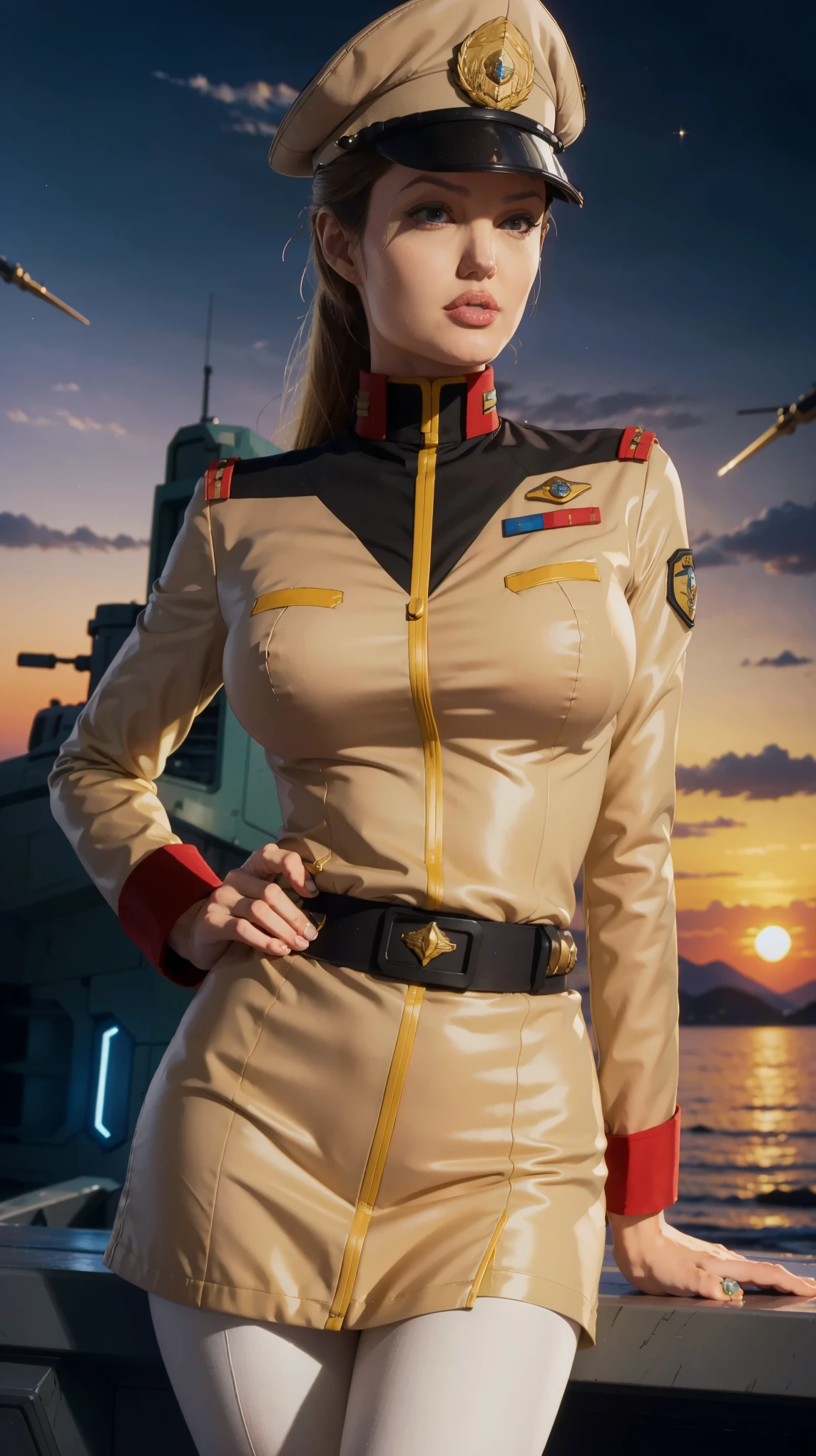 (((masterpiece,highest quality,In 8K,super detailed,High resolution,anime style,Absolutely))),A female Earth Federation Forces officer is standing,(solo:1.5),((ten-hut:1.5)),(((seriously;1.5))),(((Salute with right hand;1.5))),(((stretch your left hand straight:1.5))),(Angelina jolie:1.5),(((The background is a military base 1.5))),((sunset:1.5)),((blur background:1.5))),BREAK (Wearing the uniform of the Earth Federation Forces:1.5),(Wearing a federal officer&#39;s hat:1.5),(Beautiful woman:1.5),(Detailed facial depiction:1.5),(wallpaper:1.5),(whole body:1.5),((overlooking:1.5))